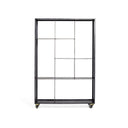 Mobile metal frame shelving unit with modern design and grid pattern.