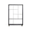 Mobile metal frame shelving unit with modern design and grid pattern.