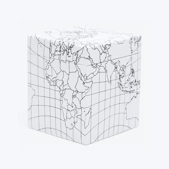 Cube with world map outline in minimalist linear design style