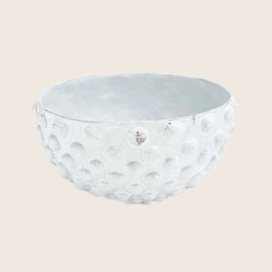 White bowl with bubbly texture, irregular edge, artisan quality design.