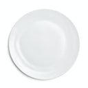 Clean, white ceramic plate with curved edge on seamless background.