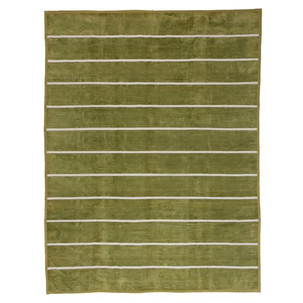 Handmade textile with green background and white horizontal stripes.