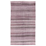 Handwoven rectangular textile with varying horizontal stripes in shades of purple, violet, and white.