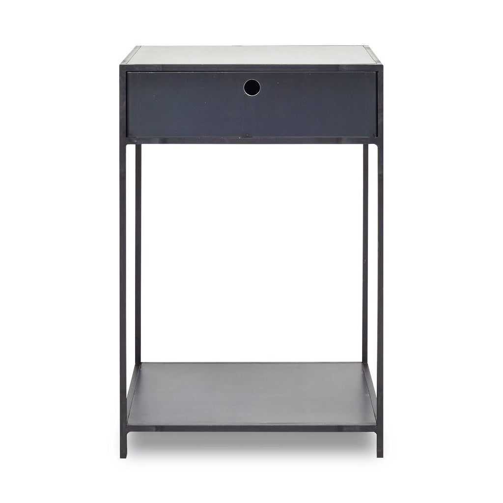 Minimalist, modern nightstand with sleek design and dark color.