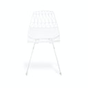 Minimalist white wire frame chair with geometric design and sleek legs.