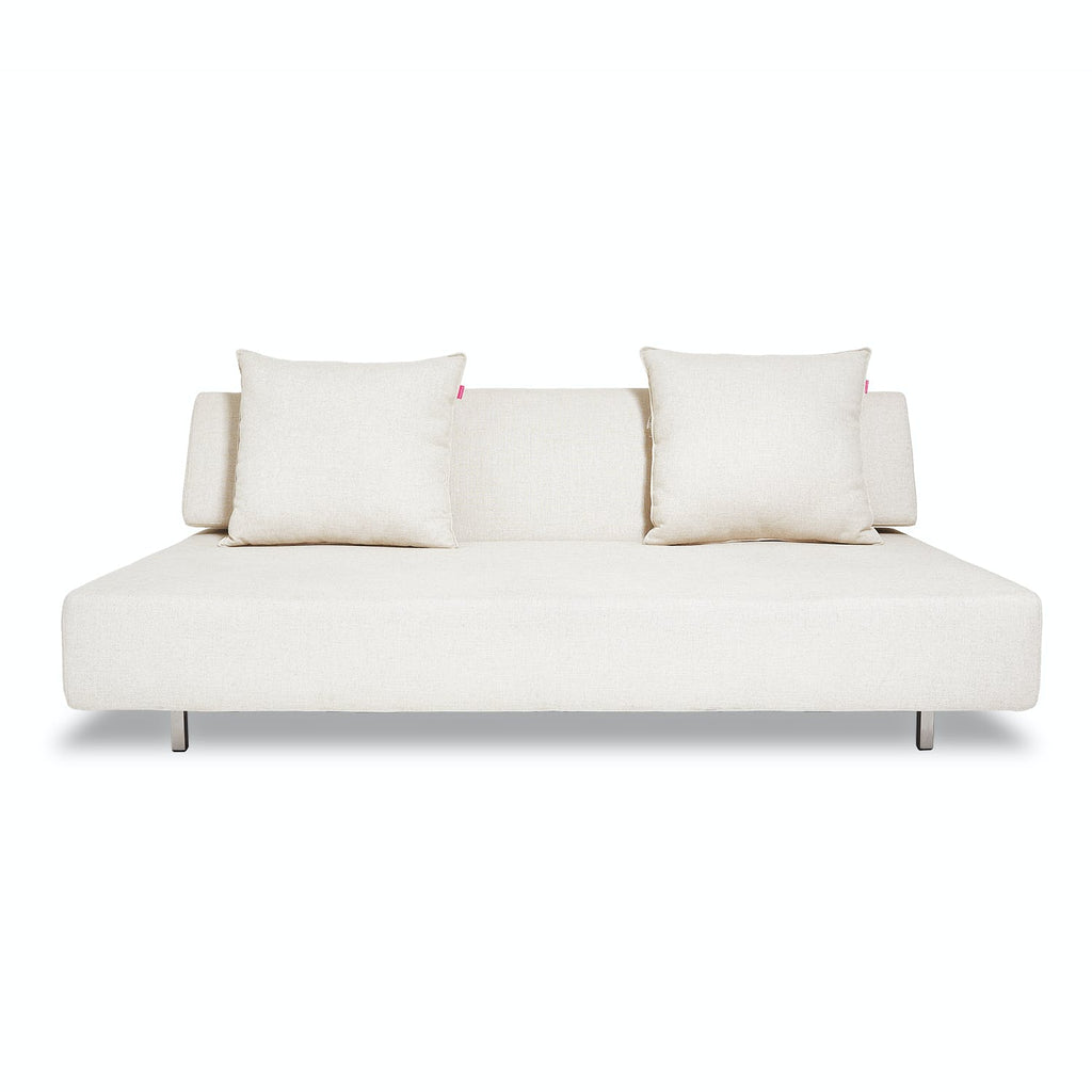 Minimalist modern sofa with light upholstery and sleek rectangular design.