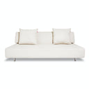 Minimalist modern sofa with light upholstery and sleek rectangular design.