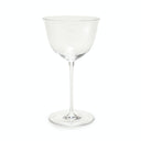Clear glass coupe, perfect for champagne, cocktails, or other beverages.