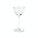 Empty clear glass wine goblet on white background, minimalist design.