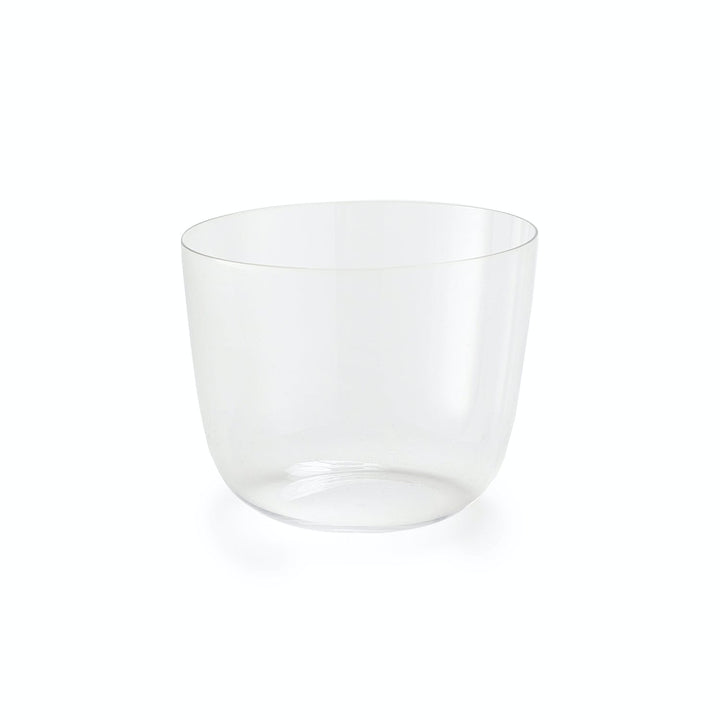 Minimalistic glass cup with sleek design on a white background.