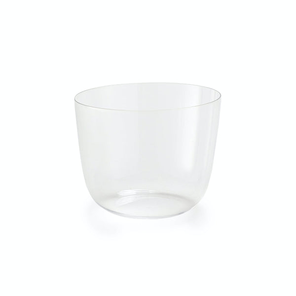 Minimalistic glass cup with sleek design on a white background.