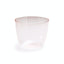 Translucent glass tumbler with a subtle red rim on white background.