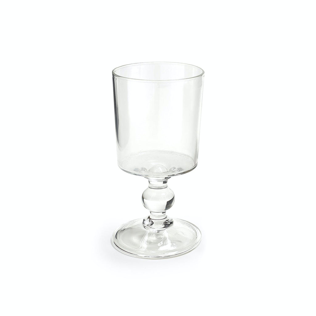 Clear glass goblet with elegant stem and base on display.