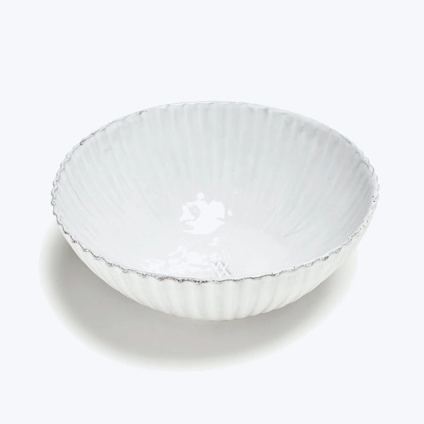 Textured white ceramic bowl with rippled design on white background.