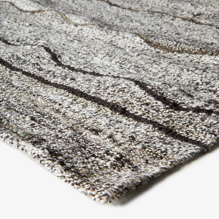 Close-up view of a textured rug with abstract pattern