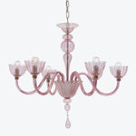 Elegant glass chandelier with pink hue and intricate design.