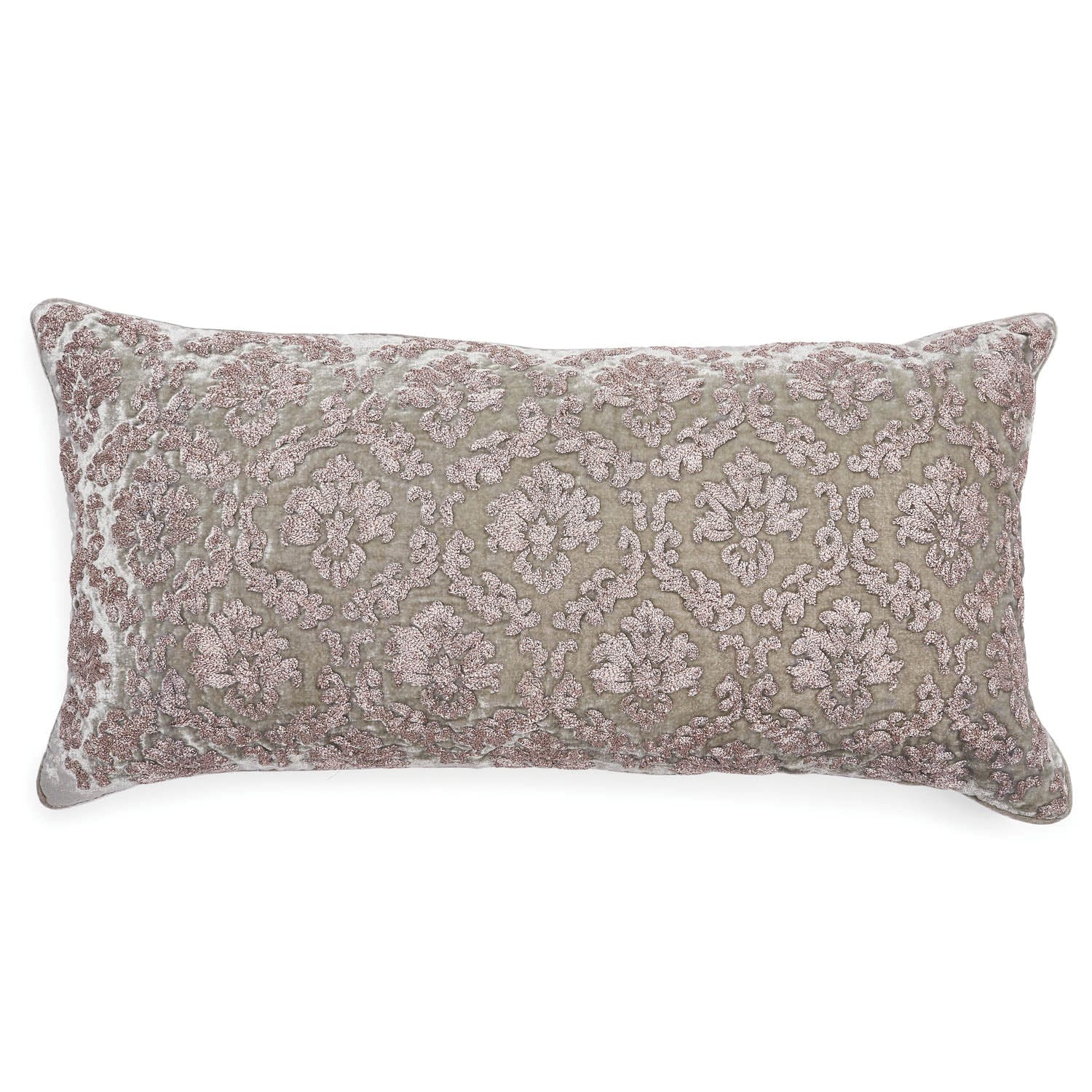Rectangular decorative pillow with intricate floral lace pattern in dusty rose and taupe.