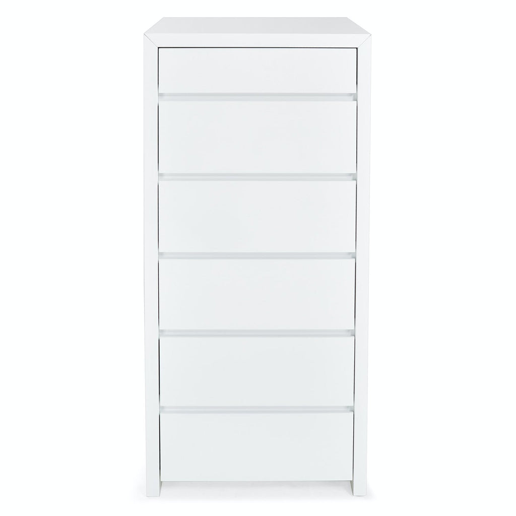 Modern, minimalist white chest of drawers with sleek design.