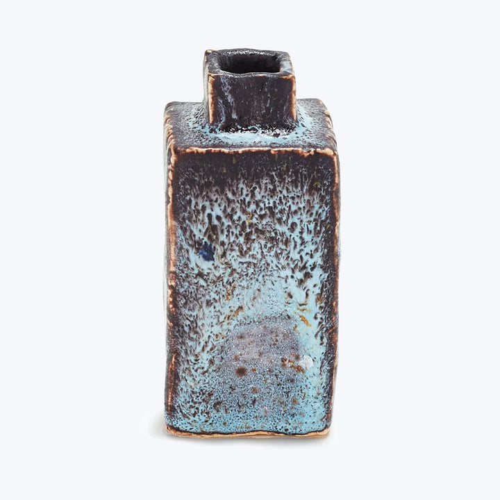 Unique rectangular ceramic vase with speckled glaze, modern design.
