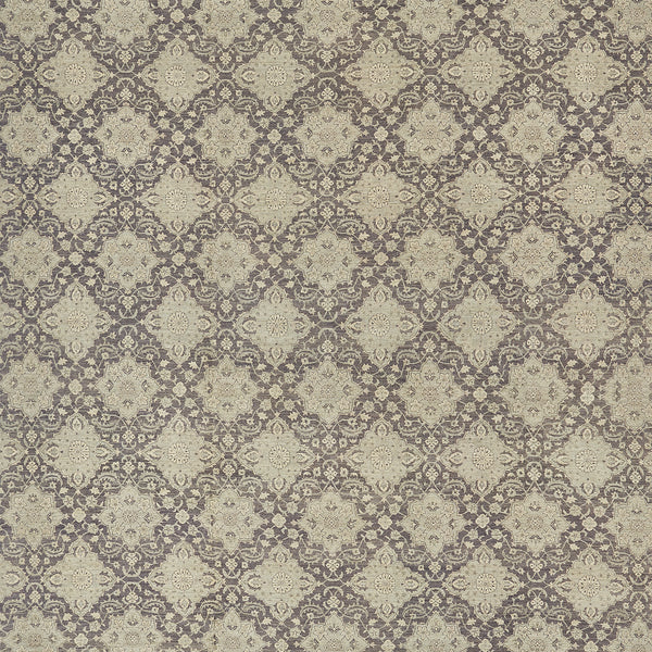 An intricate, symmetrical floral pattern in vintage beige and gray.