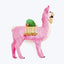 Colorful papier-mâché llama figure with ornate saddle and bell ornament.