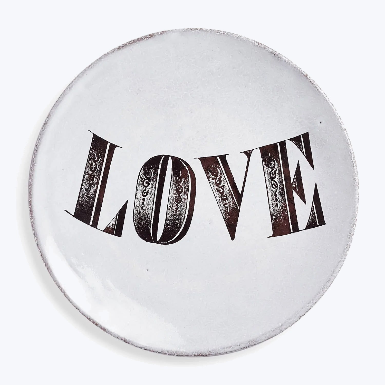 Ornate vintage LOVE badge with decorative elements on white background.