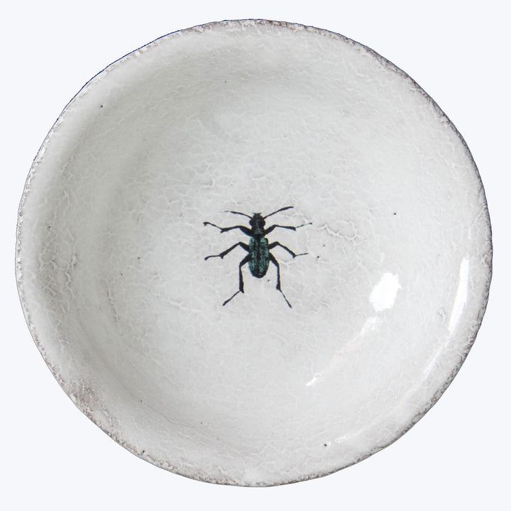 Handcrafted ceramic plate with insect design and white glaze surface.