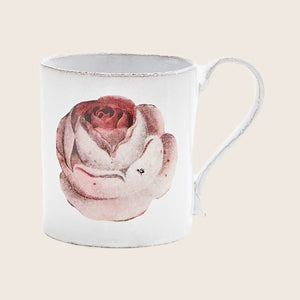 Elegant white mug with floral design and pink rose motif.