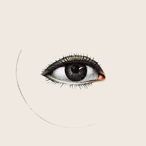 Handmade white plate with detailed realistic human eye illustration.