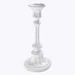 Ornate silver candlestick holder with classical design and beaded details.