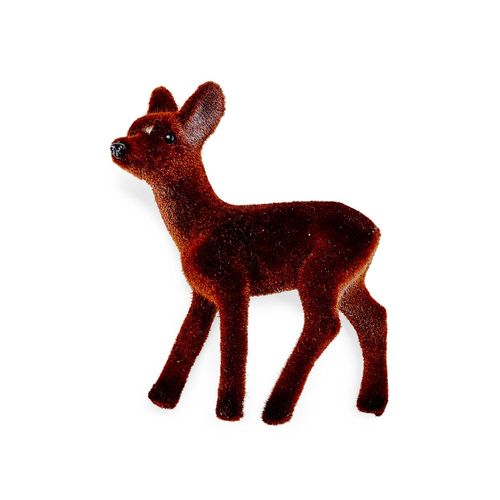 Adorable fuzzy toy deer figurine with velvety texture on white background.