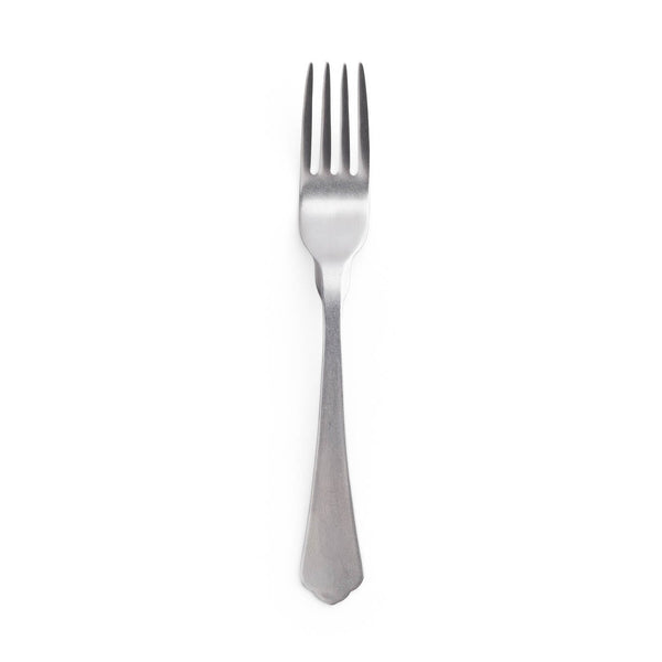 Classic metal fork on a clean white background, minimalist design.