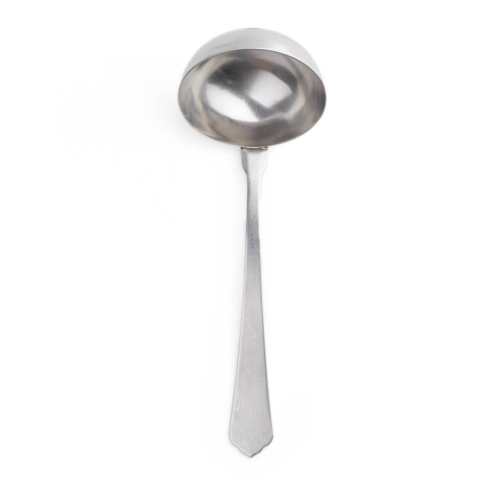 A minimalist metal ladle with a sleek and reflective design.