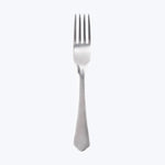 Minimalist image of a stainless steel fork on light background.