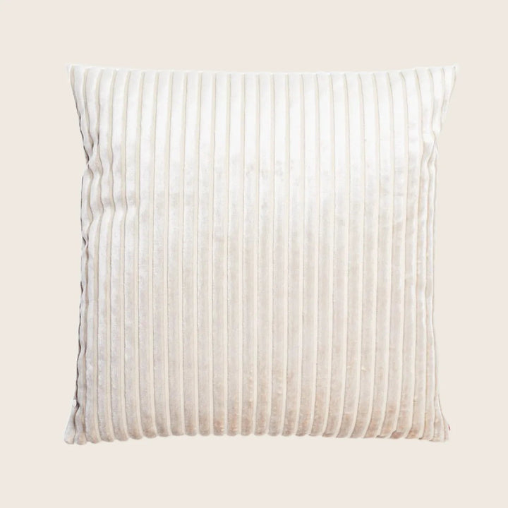 Square off-white decorative pillow with pleated texture and silky sheen.