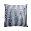 Velvety square pillow with alternating shades of blue stripes.