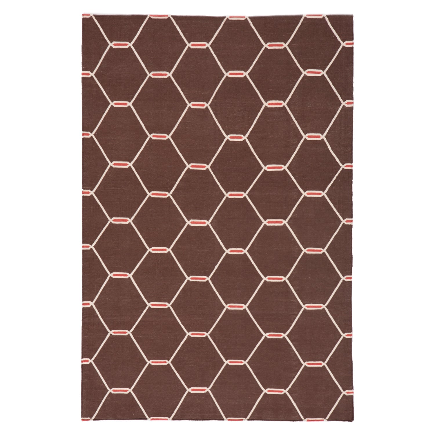 Modern rectangular rug with interconnected hexagon pattern in dark brown.