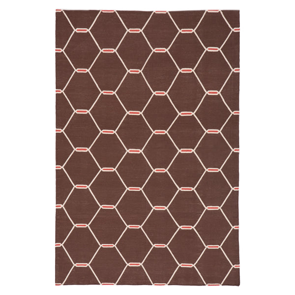 Modern rectangular rug with interconnected hexagon pattern in dark brown.