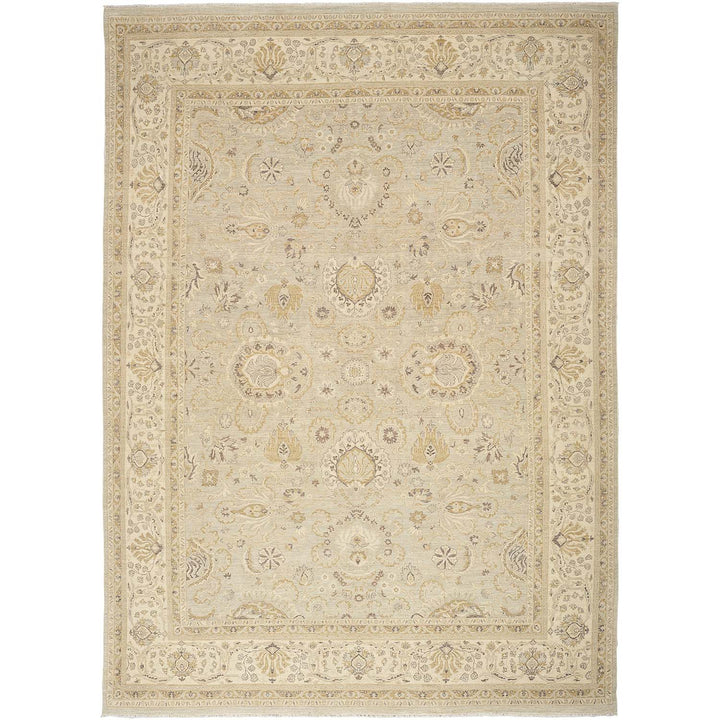 An intricately designed, muted-toned rug exuding classical elegance and sophistication.