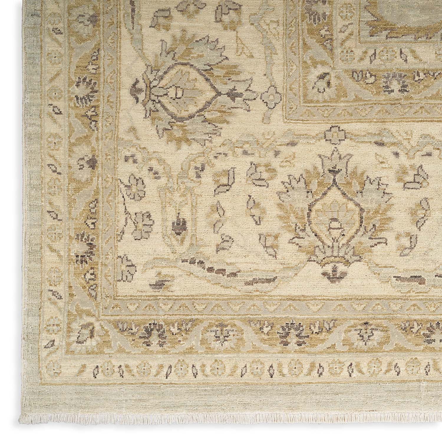 Exquisite hand-knotted vintage carpet featuring intricate botanical and geometric patterns.