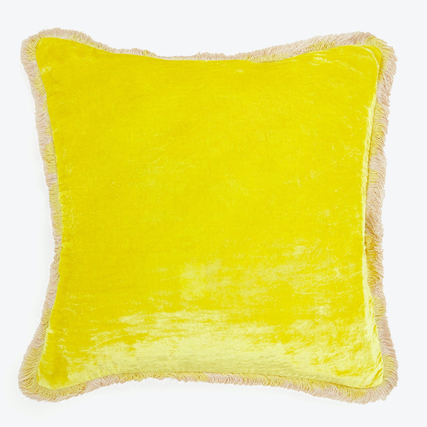 Square yellow decorative pillow with plush texture and fringe trim.
