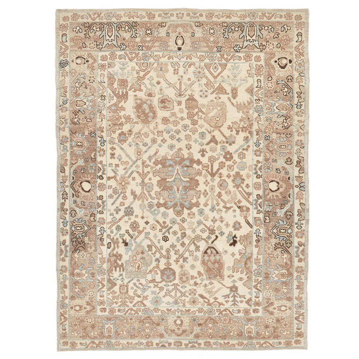An ornate rectangular area rug featuring a symmetrical, muted design.