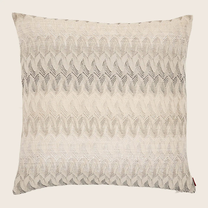 Contemporary square decorative pillow with textured fabric and wave-like pattern.