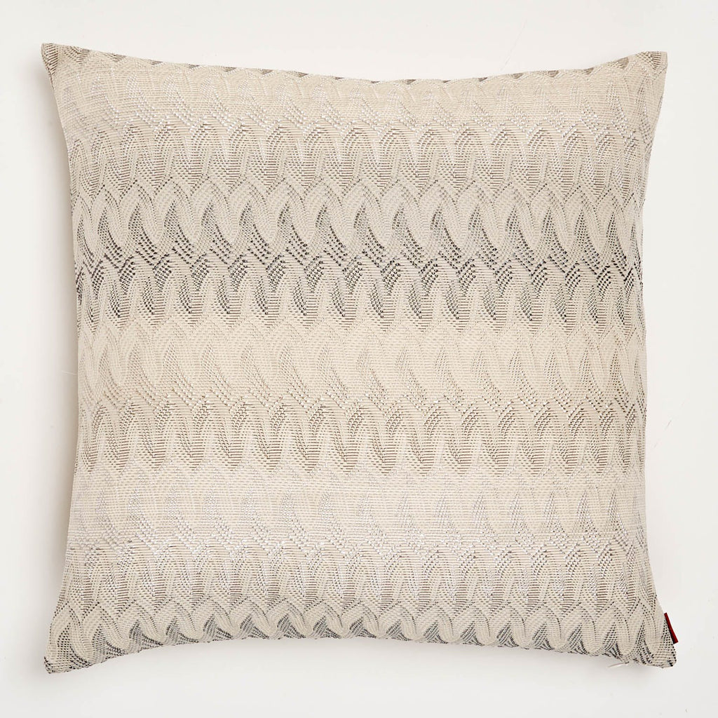 Contemporary square decorative pillow with textured fabric and wave-like pattern.