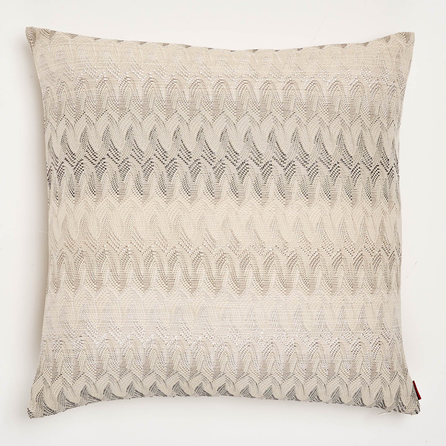 Contemporary square decorative pillow with textured fabric and wave-like pattern.