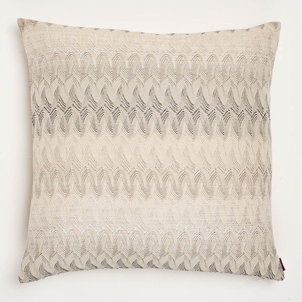 Contemporary square decorative pillow with textured fabric and wave-like pattern.