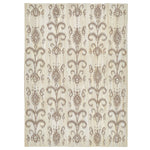 Symmetrical patterned fabric with stylized flowers and swirling designs.