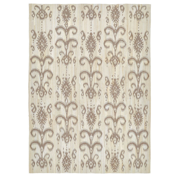 Symmetrical patterned fabric with stylized flowers and swirling designs.