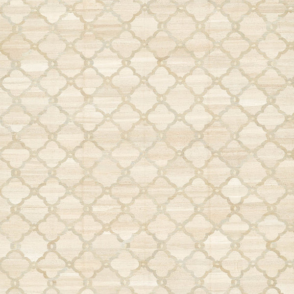 Vintage-inspired wallpaper design with trellis-like pattern and neutral colors.
