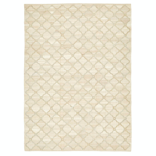 Geometric rug with neutral tones and borderless design showcased elegantly.